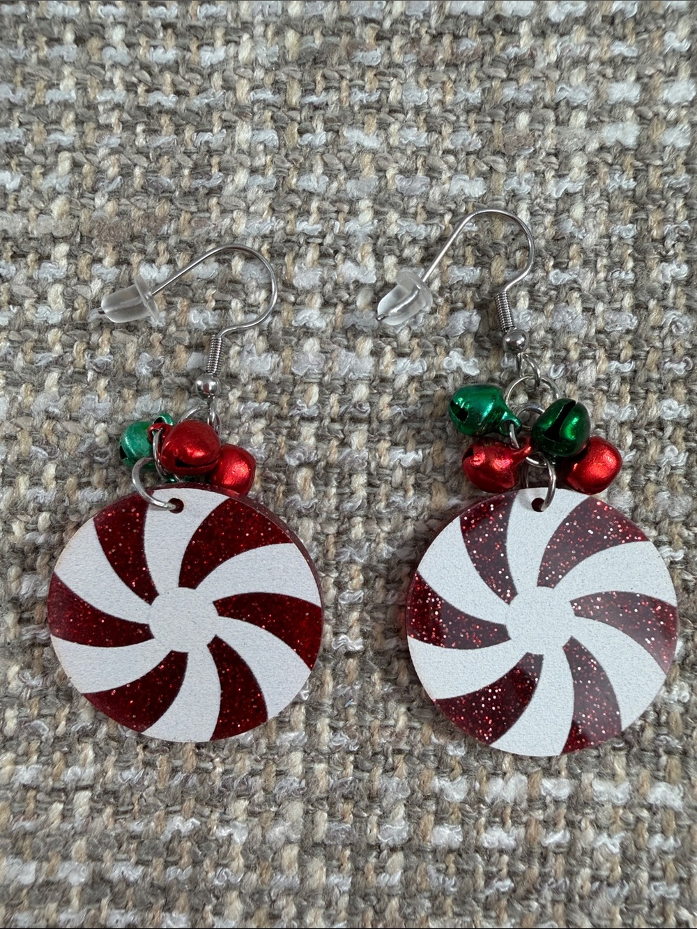 Festive Red & White Peppermint Dangle Earrings with Jingle Bells